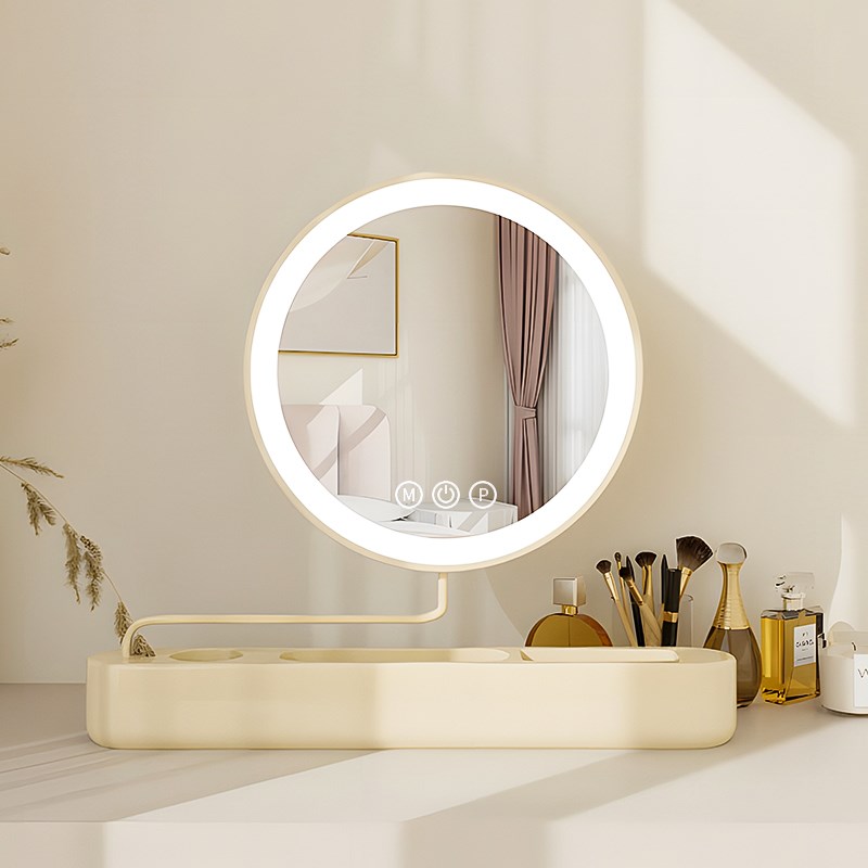 智能化妆镜卧室旋转拉伸LED梳妆公主镜子法式奶油风带灯桌面台式