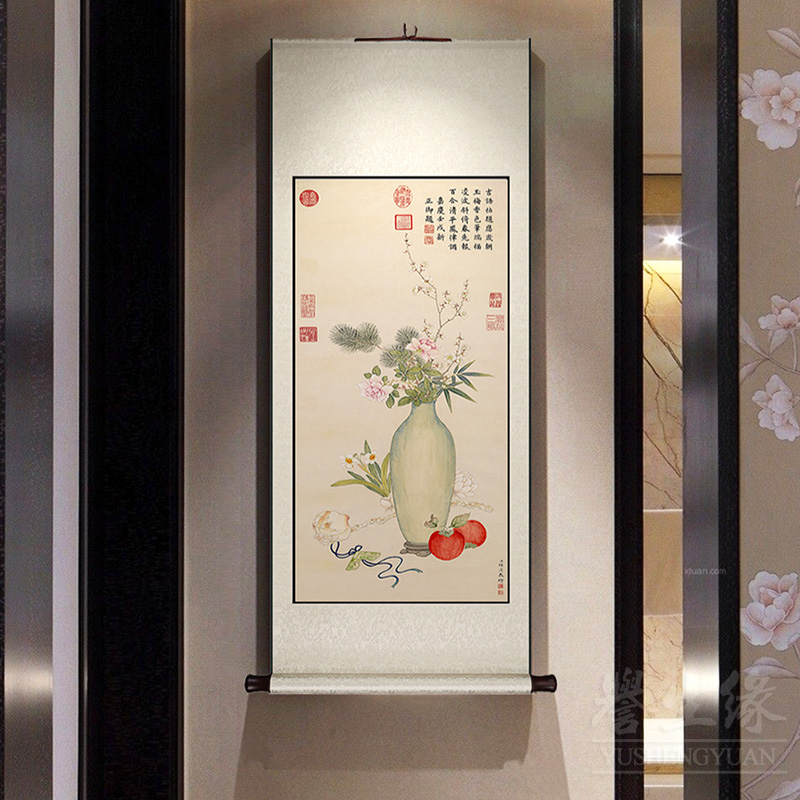 中式花鸟卷轴挂画竖版复古花瓶玄关走廊过道装饰画餐厅书房墙壁画