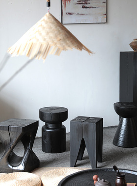 侘寂风实木墩子碳化黑色原木凳子坐凳树桩边角几民宿木桩根雕凳子