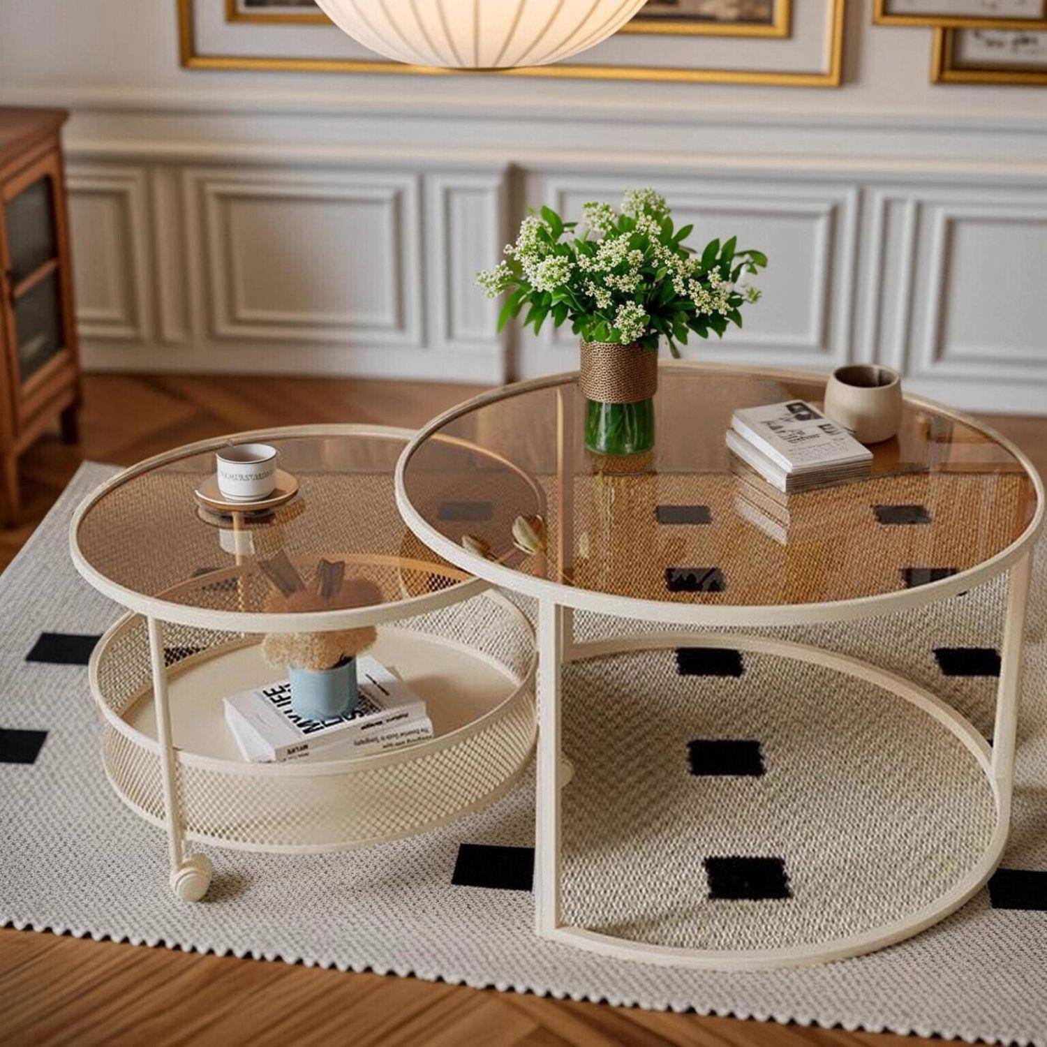 奶油风圆形茶几轻奢现代简约客厅家用小户型玻璃可移动茶几桌组合