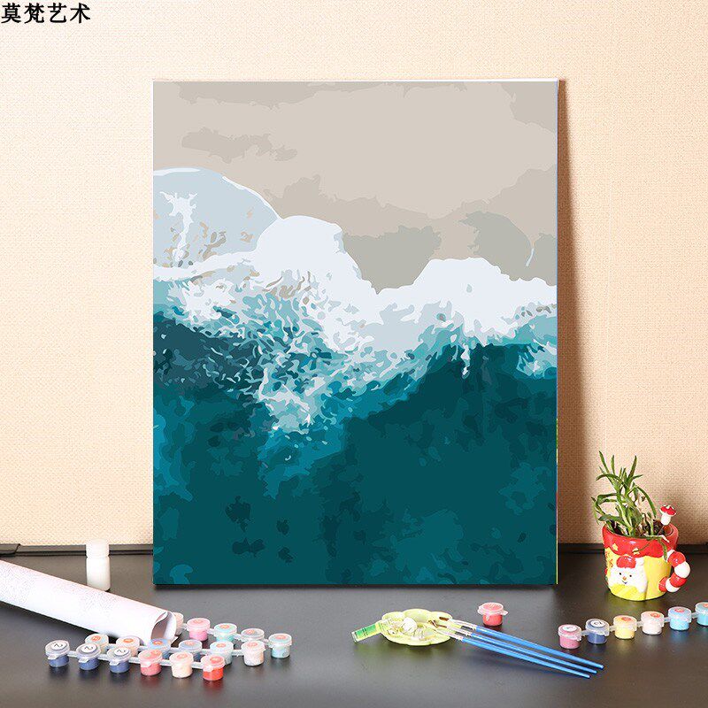 数字油画diy手工填充绿色大海客厅装饰画三联画手绘涂色油彩画画