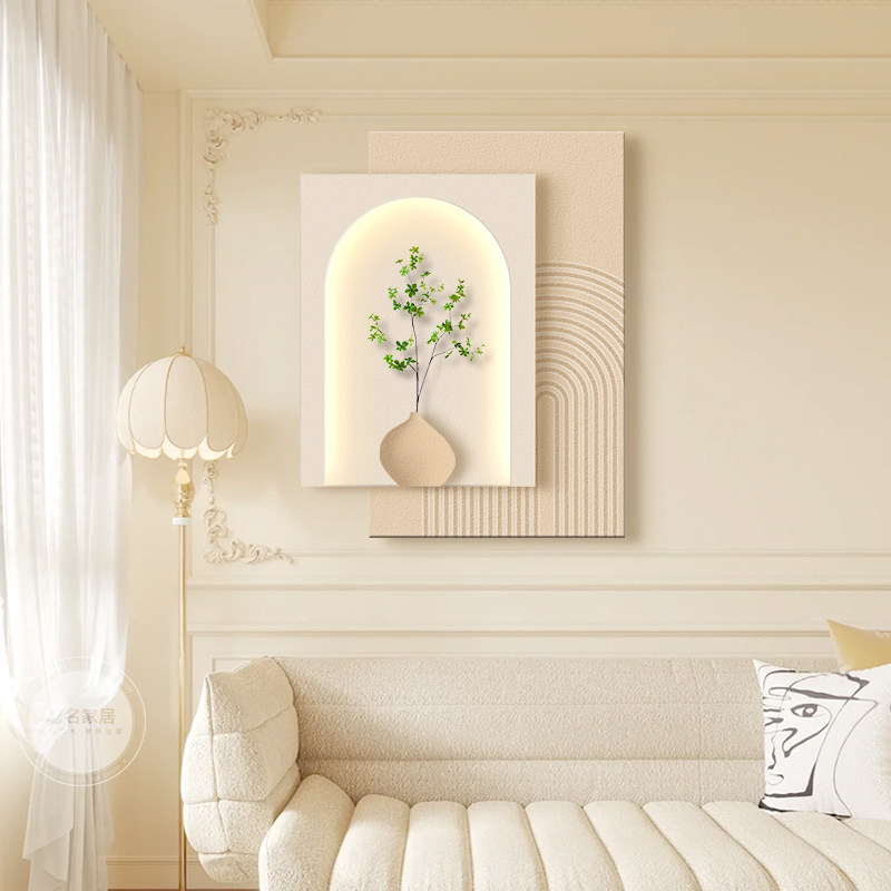 奶油风客厅装饰画立体砂岩肌理感沙发背景墙挂画玄关绿植发光壁画