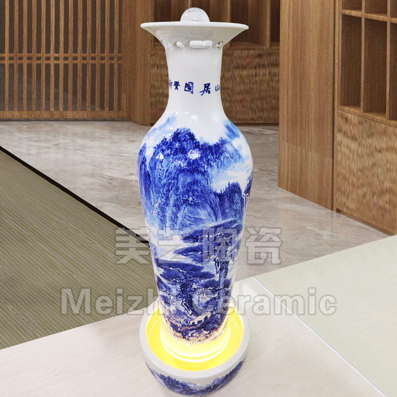 别墅客厅青花瓷流水摆件陶瓷花瓶加湿器循环水景观陶罐带灯喷泉缸