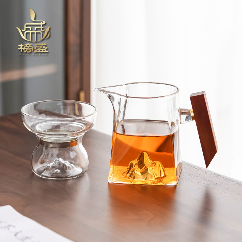 榜盛加厚木把玻璃公道杯耐热茶滤公杯防烫功夫茶具配件茶海分茶器