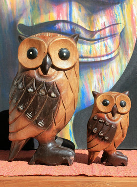 泰国木雕猫头鹰摆件创意客厅电视柜书房实体店面收银台创意装饰