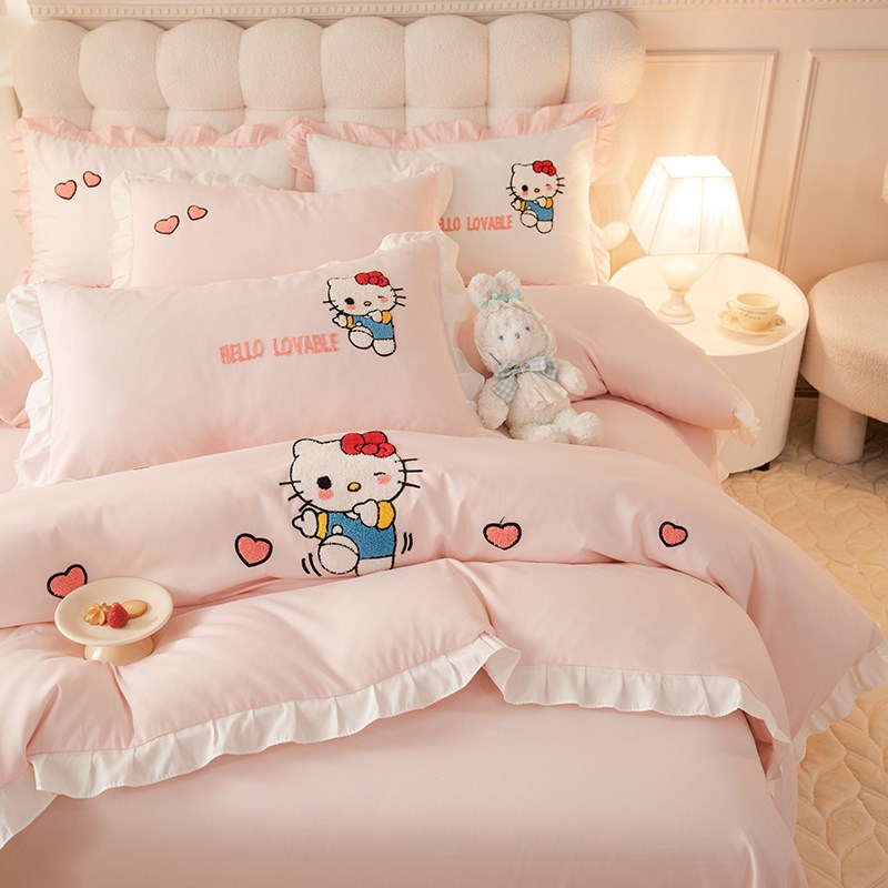 小清新夏季公主风四件卡通绣花被少女心床单式床笠款床上用品