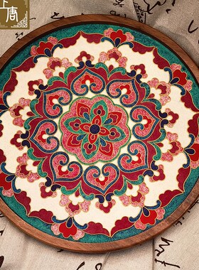 北美胡桃木圆形大茶盘壶承敦煌藻井唐宝相花DIY釉料材料包