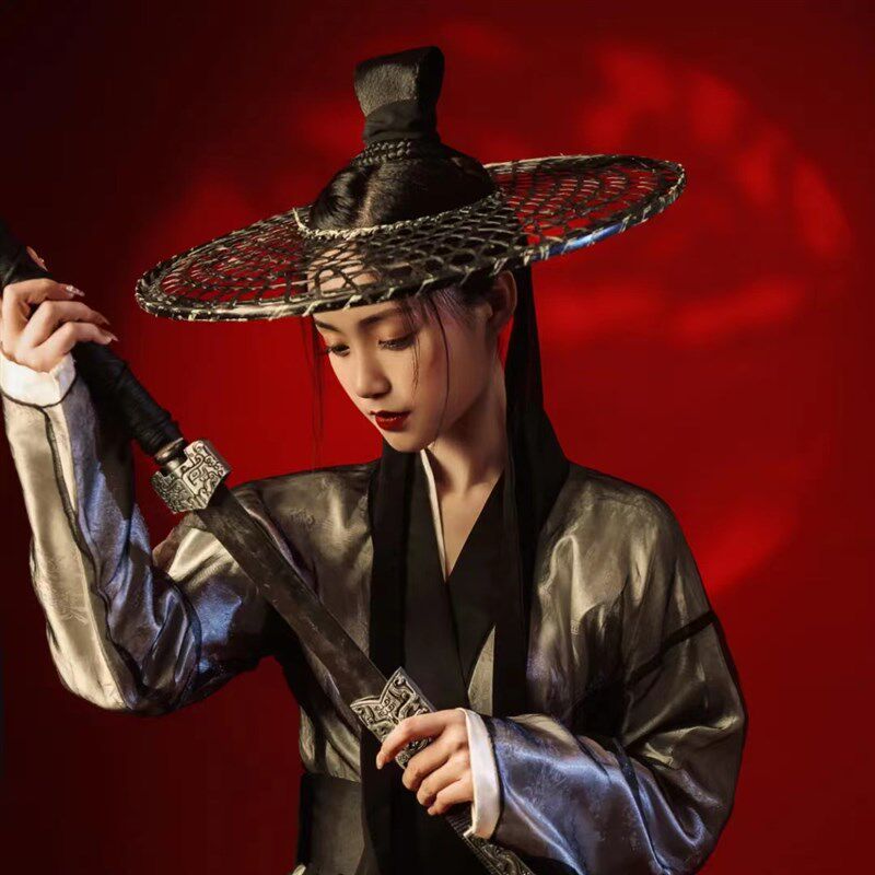 竹编古风黑红色侠客斗笠帽男女古装武侠拍摄道具儿童舞蹈表演竹帽