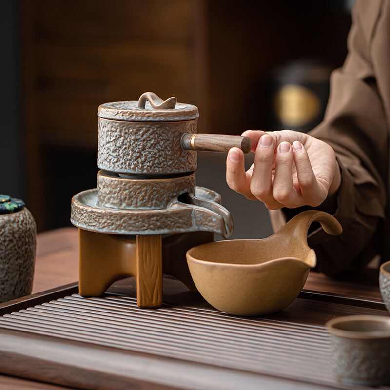 新款懒人全自动陶瓷泡茶壶功夫茶具套装家用复古石磨防烫竹木茶盘