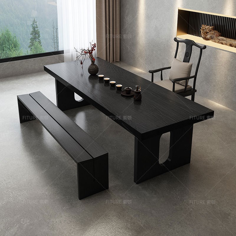 茶桌黑色桌椅组合实木侘寂风客厅办公室会议桌简约洽谈家用泡茶台