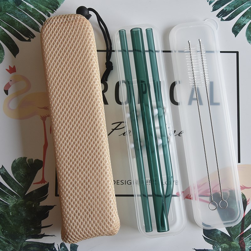 彩色23cm便携玻璃吸管套装 加厚珍珠奶茶吸管盒袋 耐高温吸管杯子