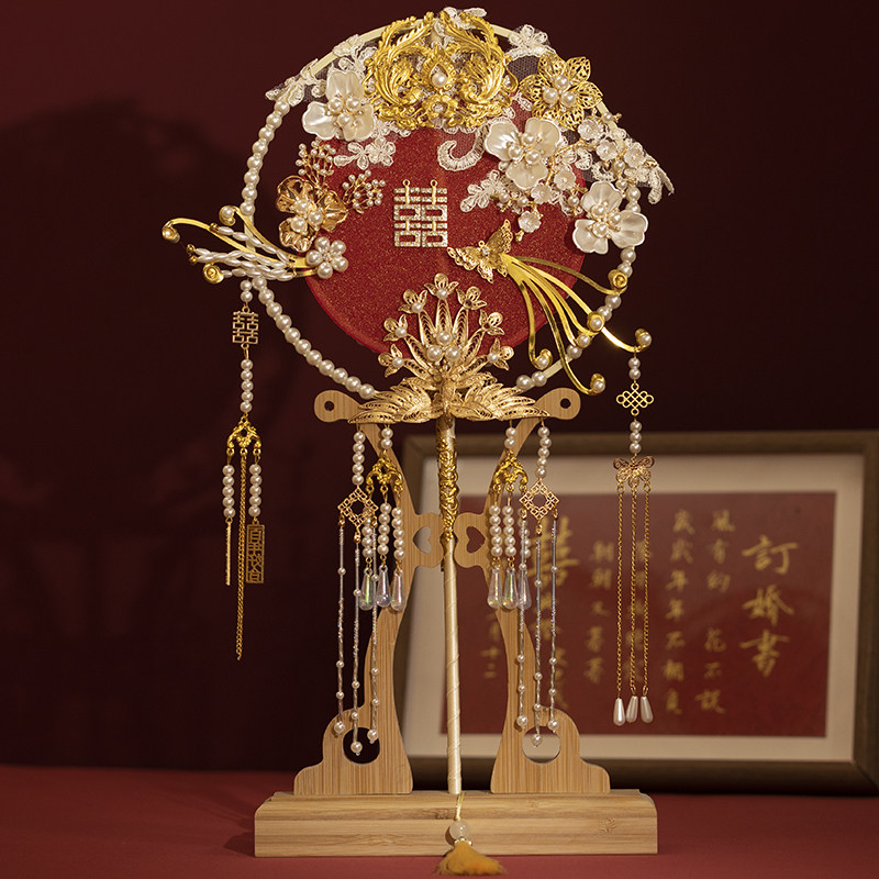 中式喜扇秀禾扇新娘结婚出嫁团扇双面古风长柄成品手工diy材料包