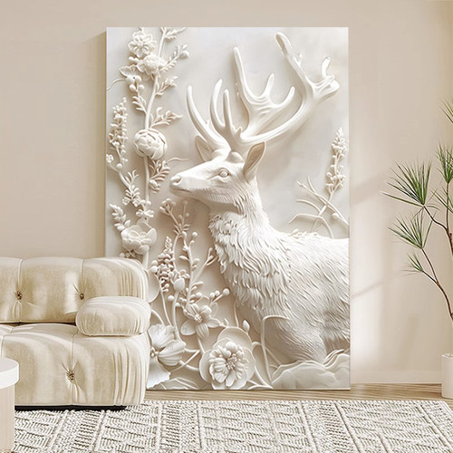 奶油风麋鹿客厅落地挂画高级感立体肌理沙发背景墙装饰画玄关壁画