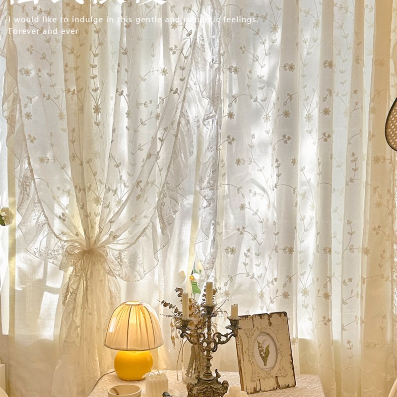 法式蕾丝奶油双层窗帘女孩卧室飘窗刺绣白色纱帘氛围感半帘公主风