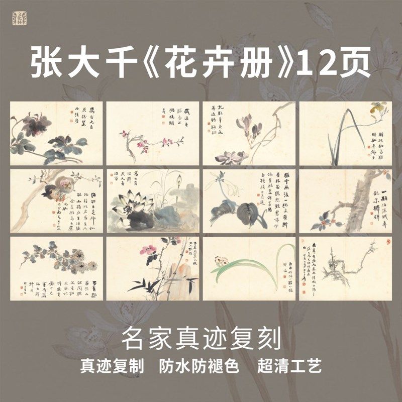 花卉册12页张大千国画心花鸟小品人物名家真迹临摹复制微喷装饰画