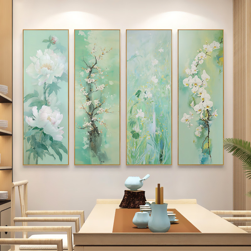 原木风客厅沙发背景墙装饰画清新兰花茶室挂画竖玄关四联条屏壁画,家居饰品,现代装饰画,淘宝优惠券,粉丝福利购,淘宝优惠卷