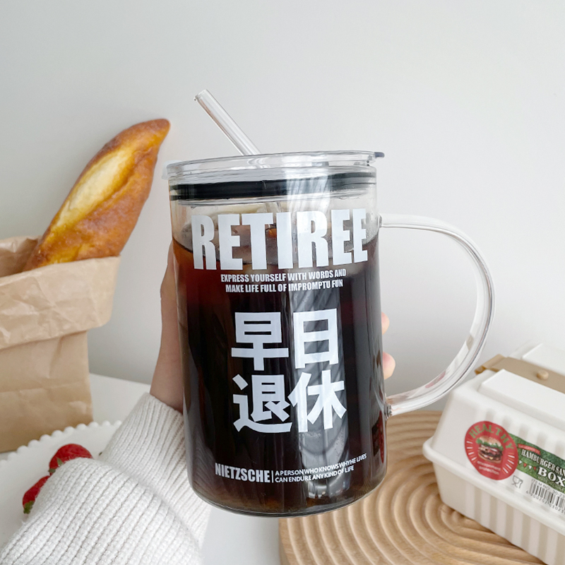 1000ml大容量玻璃杯泡茶有盖耐热带把水杯创意文字办公室带盖吸管