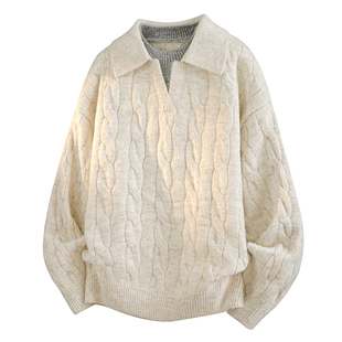 美式复古麻花翻领毛衣男宽松假两件针织衫休闲上衣