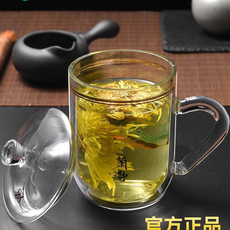 诺亚带把家用茶杯透明带盖耐高温手工水晶高档办公圆形双层玻璃杯
