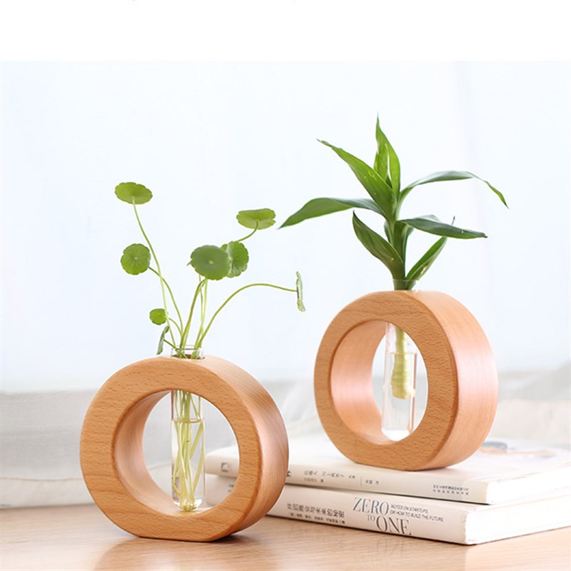 创意家居桌面摆件木制花瓶试管透明玻璃水培植物插花器简约田园风
