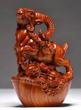 花梨木雕刻羊摆件三合十二生肖木羊工艺品家居客厅属羊装饰品送礼