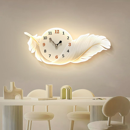 奶油风餐厅挂钟装饰画羽毛卧室钟表led创意时钟壁灯客厅时钟挂画