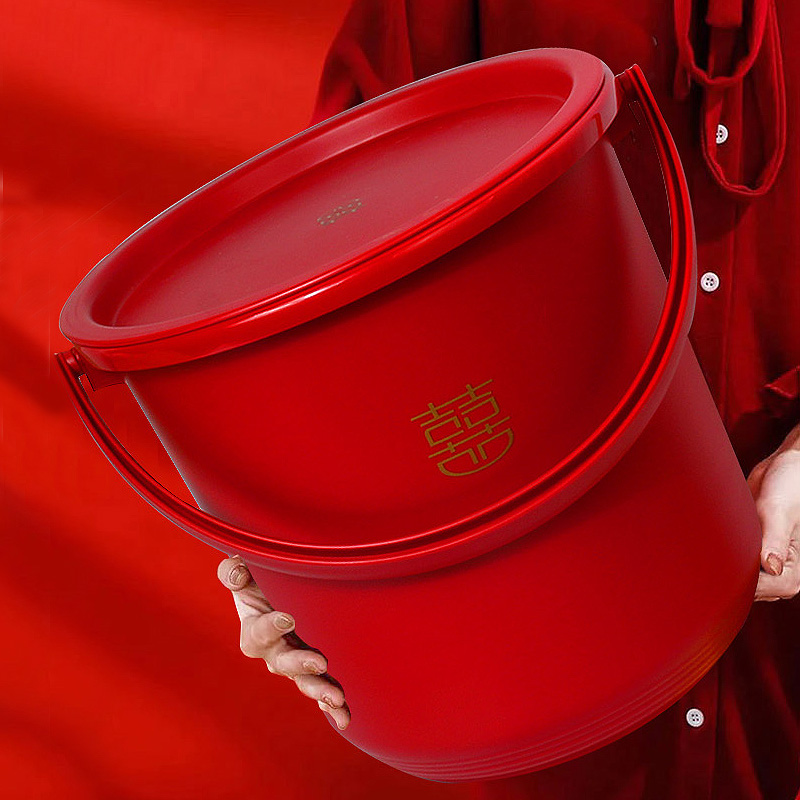 塑料家用大号红色乔迁新居结婚用品红桶带盖喜桶水桶手提陪嫁米桶