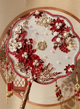 结婚礼中式新娘出嫁团扇喜扇双面秀禾红色手工diy材料包重工扇子
