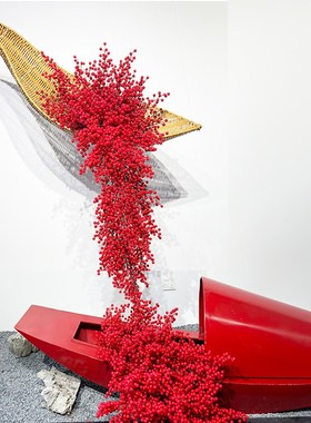 竹艺船竹编中式花艺婚礼堂酒店橱窗展厅创意花器红色空间装饰挂件