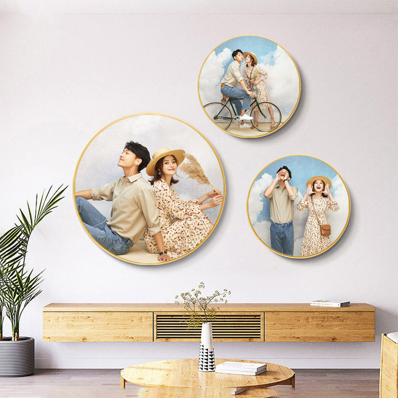 婚纱照放大挂墙圆形实木相框定制洗照片全家福宝宝照打印艺术微喷