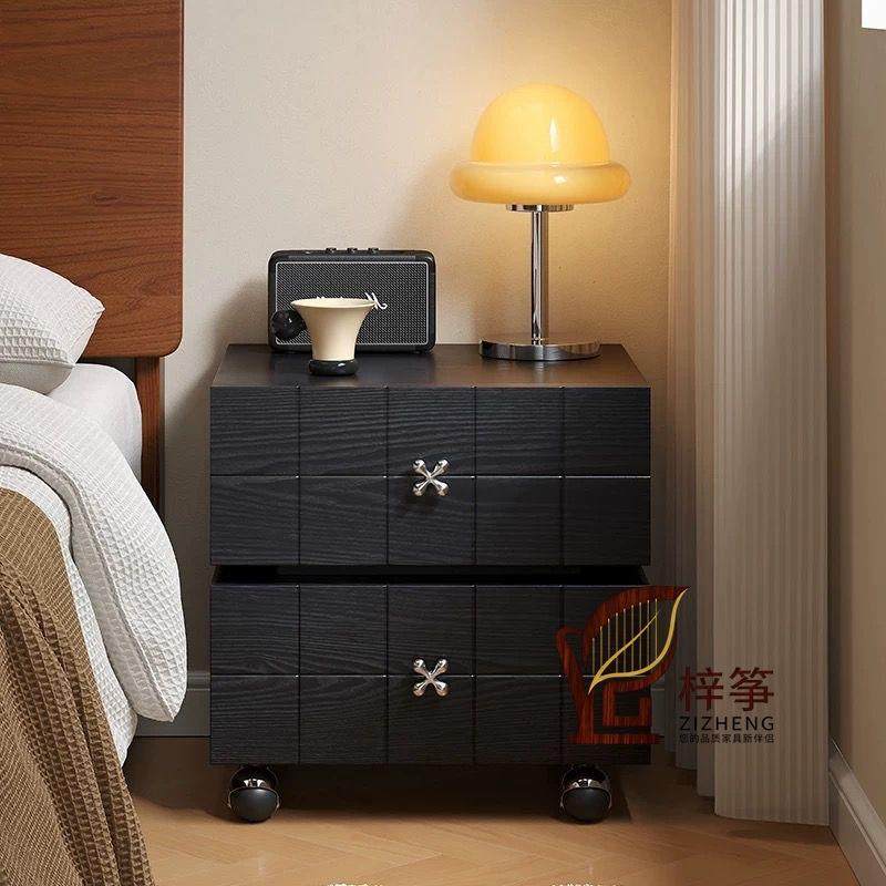 法式复古实木床头柜卧室中古风收纳柜家用客厅边柜可旋转床头边柜
