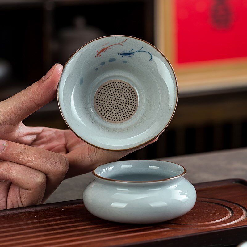 草木灰手绘鱼趣过滤网茶漏陶瓷孔茶滤高档过滤功夫茶具配件竹子