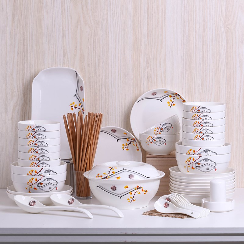 10人碗碟套装 家用陶瓷盘子菜盘简约汤碗大号碗筷组合餐具