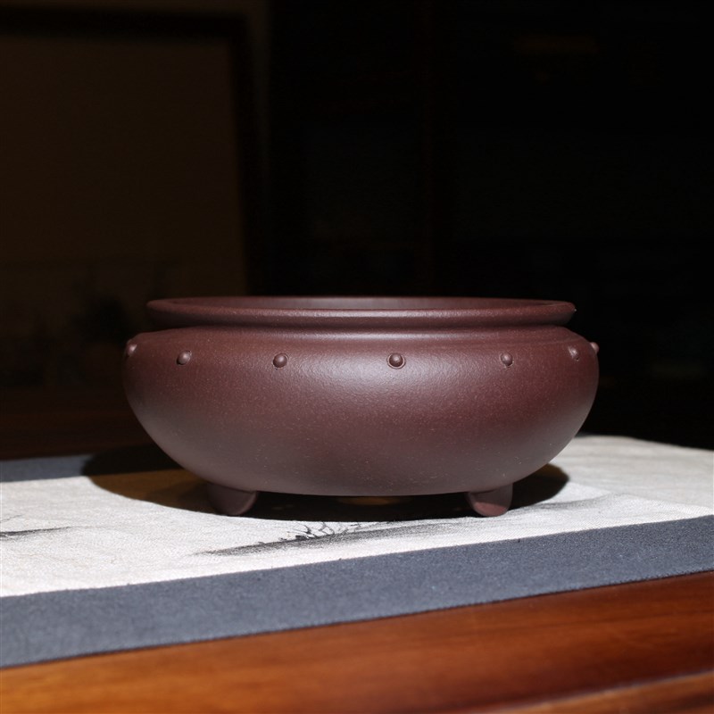 蒲口鼓钉圆盆吴化明紫砂花盆名家精品手工盆景桌面办公室盆栽绿植