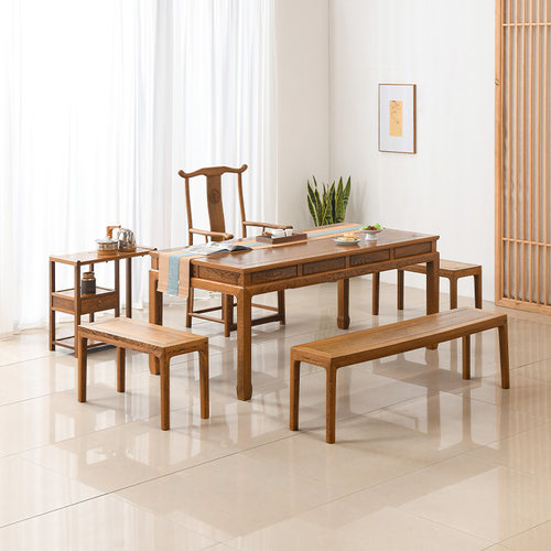 鸡翅木茶桌组合中式全实木原木功夫茶几红木方形木质干泡茶台整装