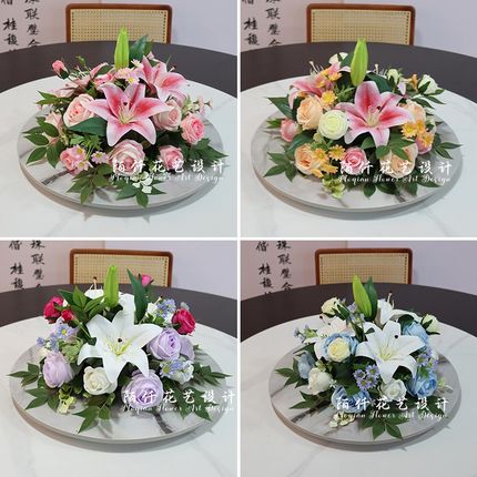 餐厅酒店桌花摆件百合玫瑰圆桌餐桌花摆花饭店桌面转盘中间装饰花