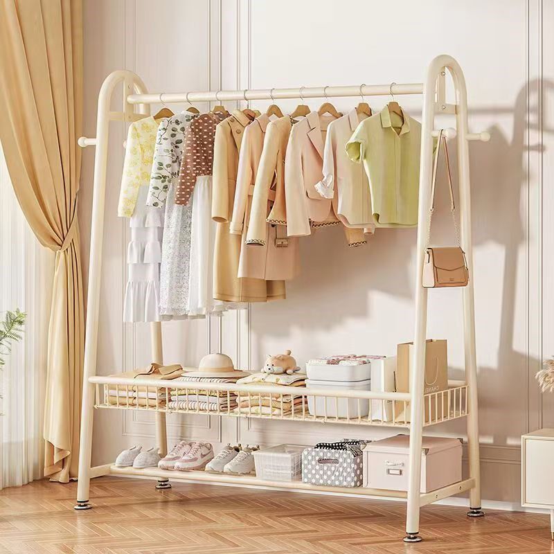 简易晾晒衣架室内单杆移动衣帽架落地家用阳台卧室挂衣架子脏衣篮