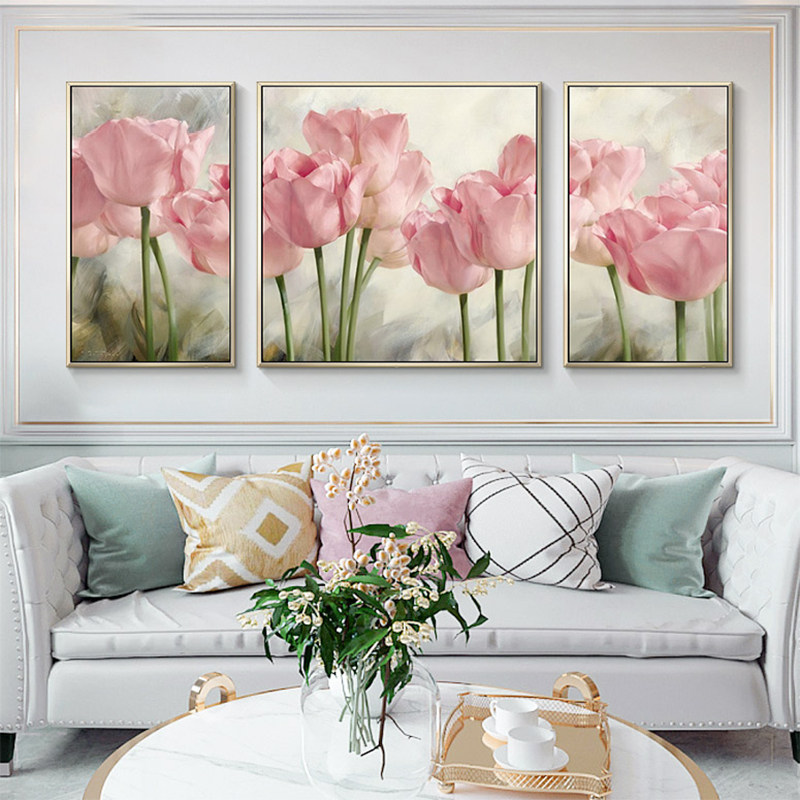 5d晶钻画客厅背景墙三联画挂画现代简约温馨郁金香卧室墙画装饰画