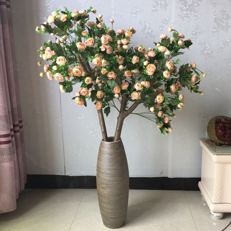 蔷薇花树落地花瓶搭配花艺真树杆假花仿真花客厅酒店装饰摆设花艺