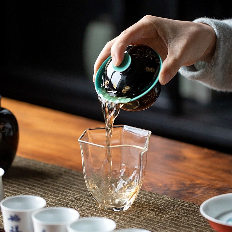 黑地烫金梅花三才盖碗茶杯单个家用陶瓷泡茶器功夫茶具茶碗不烫手