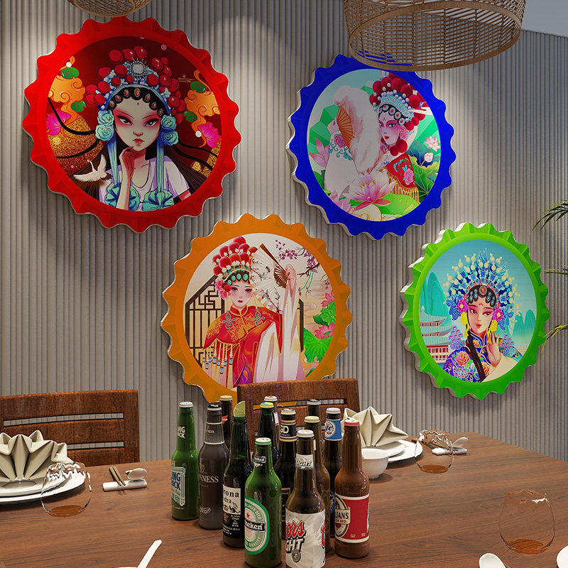 烧烤啤酒店铺墙面布置立体装饰墙贴纸火锅酒馆3d创意国潮瓶盖贴画