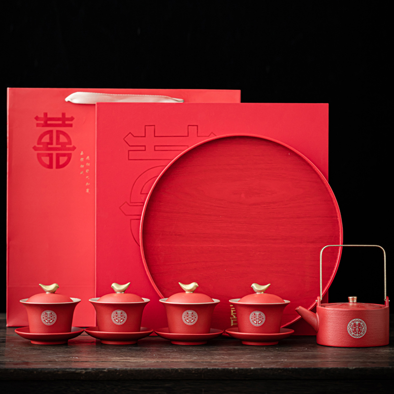 敬茶杯结婚一对女方陪嫁新娘改口茶具套装婚礼大全红色盖碗两对