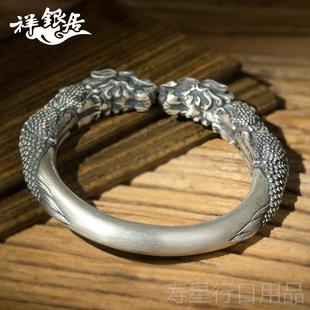 正品双貔貅手士镯男云南雪银 开口实创心原设花计手工精雕银手镯.