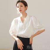 业雪纺泡泡服袖 白衬衫 女春秋v领正装 正品 面上试工职作西装 内搭长