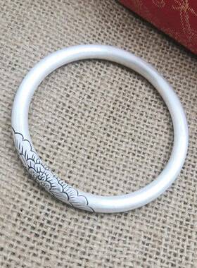 正品足银999艺复古文手工银手镯哑纯光闭口手牡丹花女款民族风定