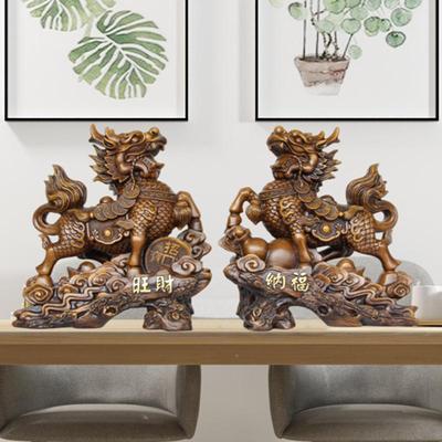 铜麒麟摆件一对客厅酒脂柜玄关博古木雕树12034工办艺品装饰架公