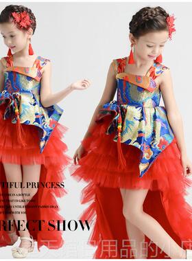 正品高档特女童儿童拖尾婚走纱晚礼服服黑色长袖秋款模T台秀表演