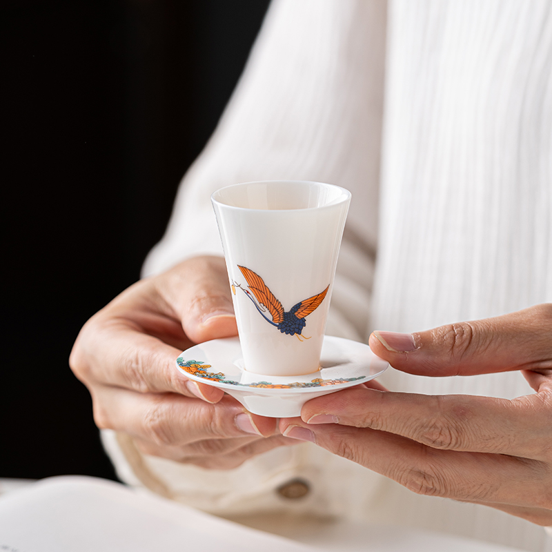 手绘羊脂玉功夫茶杯闻香杯白瓷杯垫喝茶小杯子单只陶瓷单杯品茗杯