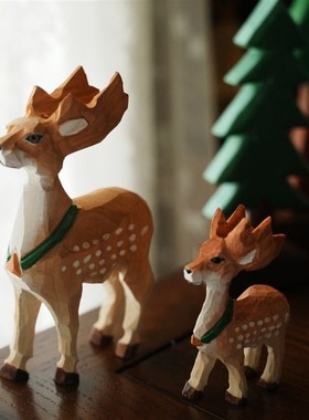 一鹿生花手工木雕摆件梅花鹿桌面装饰品送朋友解压礼品小摆件