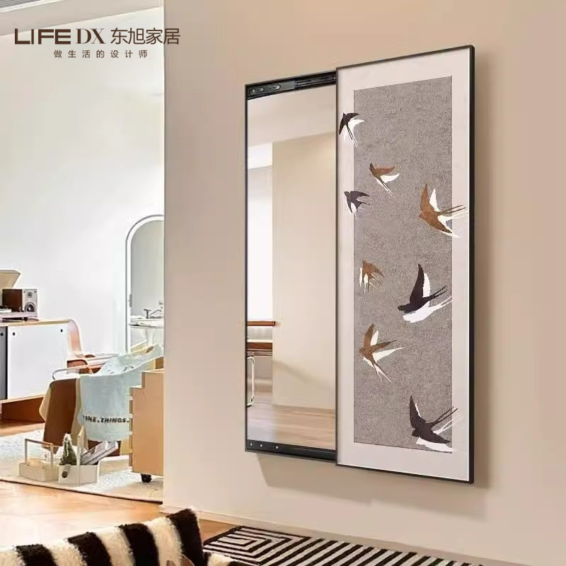 中古风隐形全身镜装饰画复古玄关推拉镜子壁画卧室遮挡穿衣镜挂画